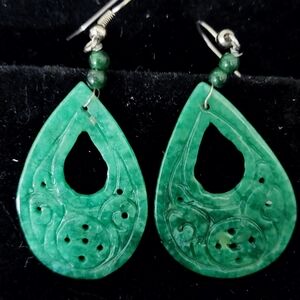 Vintage Green "Jade" Teardrop Shaped Carved Earrings. Approximately 1.25 In